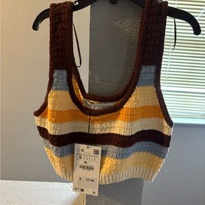 Zara Brown and Blue Knit Sweater with Ribbed Cuffs